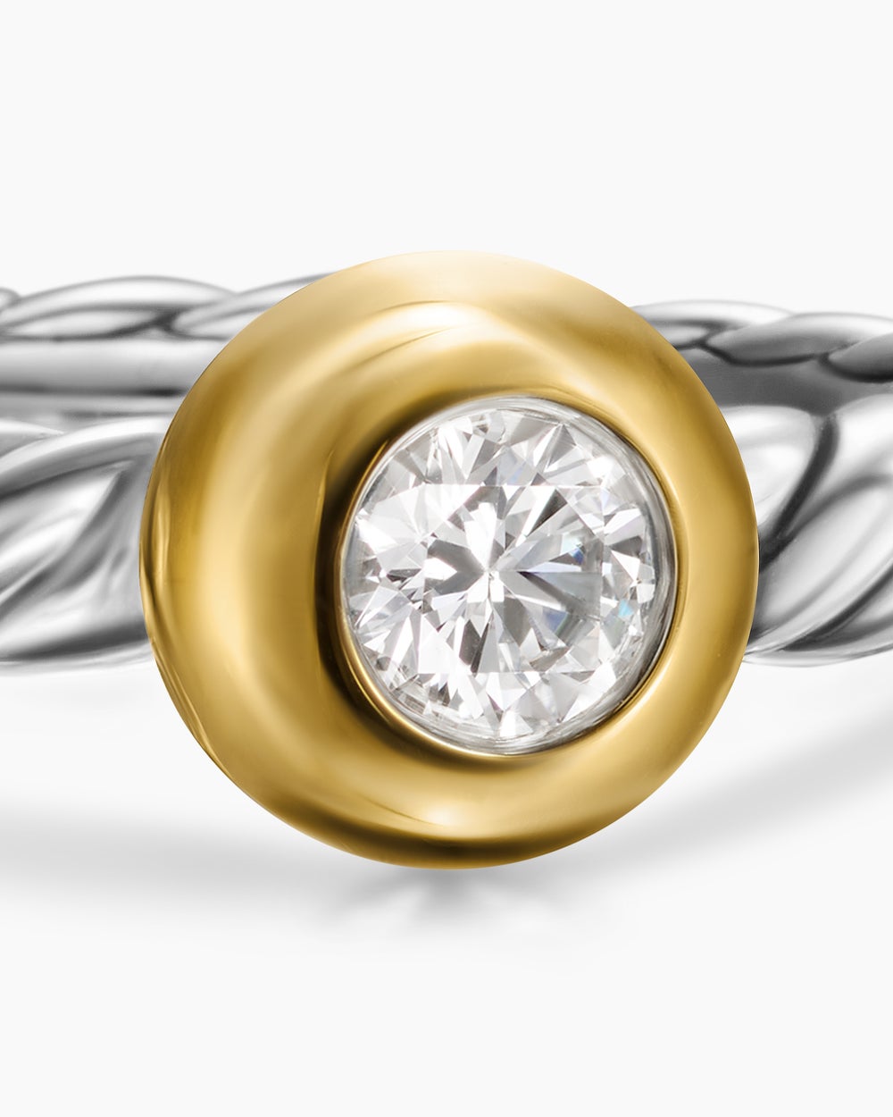 Womens Petite Cable Ring in Sterling Silver with 14ct Yellow Gold and Centre Diamond, 2.8mm