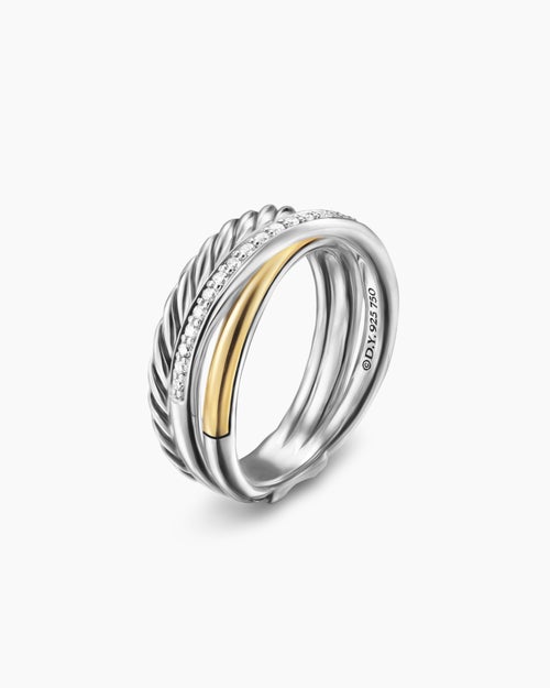 Womens Crossover Three Row Ring in Sterling Silver with 18K Yellow Gold and Diamonds, 7mm