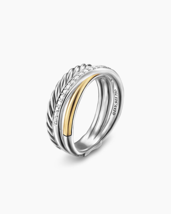 Crossover Three Row Ring in Sterling Silver with 18K Yellow Gold and Diamonds, 7mm