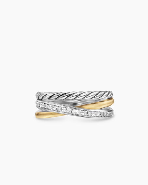 Womens Crossover Three Row Ring in Sterling Silver with 18K Yellow Gold and Diamonds, 7mm