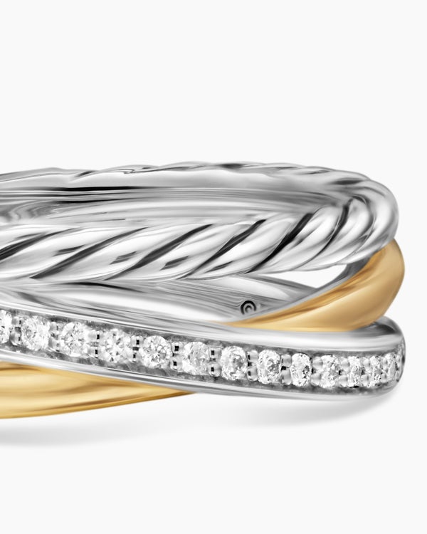 Crossover Three Row Ring in Sterling Silver with 18K Yellow Gold and Diamonds, 7mm