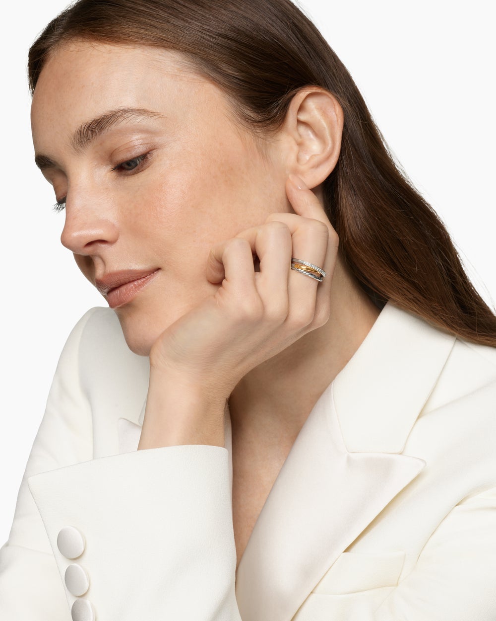 Womens Crossover Three Row Ring in Sterling Silver with 18K Yellow Gold and Diamonds, 7mm