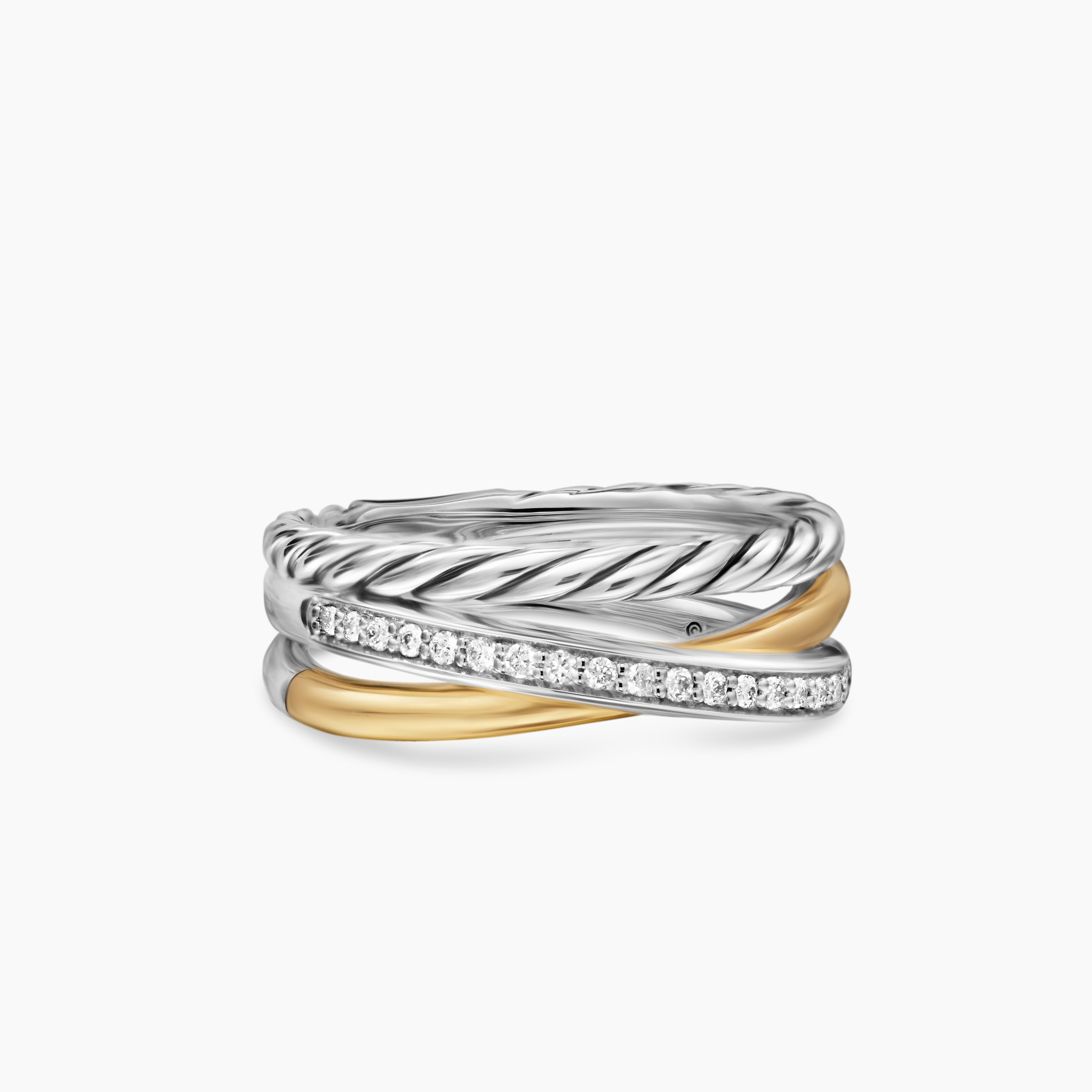 Womens Crossover Three Row Ring in Sterling Silver with 18K Yellow Gold and Diamonds, 7mm