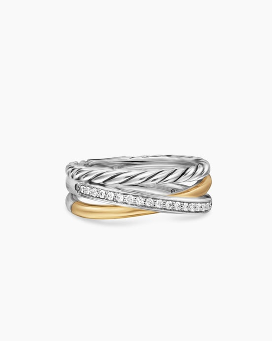 Crossover Three Row Ring in Sterling Silver with 18K Yellow Gold and Diamonds, 7mm