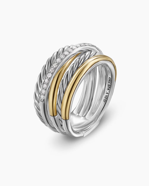 Womens Crossover Five Row Ring in Sterling Silver with 18K Yellow Gold and Diamonds, 11mm