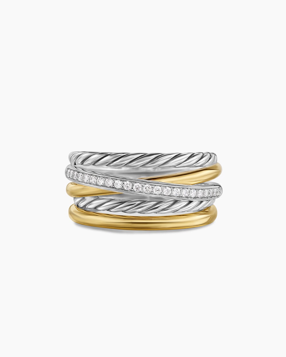 Womens Crossover Five Row Ring in Sterling Silver with 18ct Yellow Gold and Diamonds, 11mm