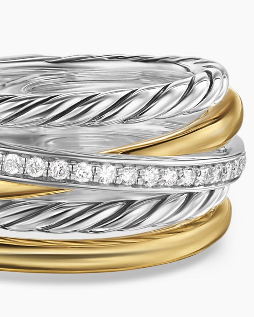 Womens Crossover Five Row Ring in Sterling Silver with 18K Yellow Gold and Diamonds, 11mm