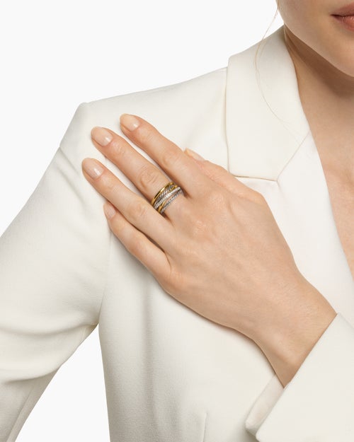 Womens Crossover Five Row Ring in Sterling Silver with 18ct Yellow Gold and Diamonds, 11mm
