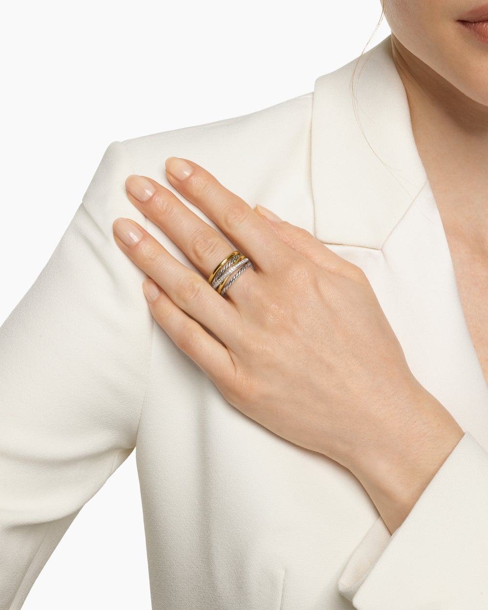 Womens Crossover Five Row Ring in Sterling Silver with 18ct Yellow Gold and Diamonds, 11mm