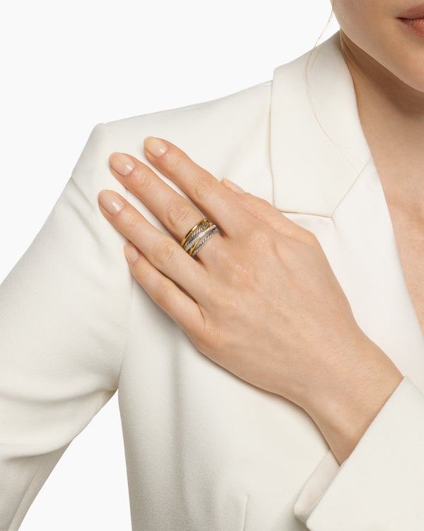 Crossover Five Row Ring in Sterling Silver with 18K Yellow Gold and Diamonds, 11mm