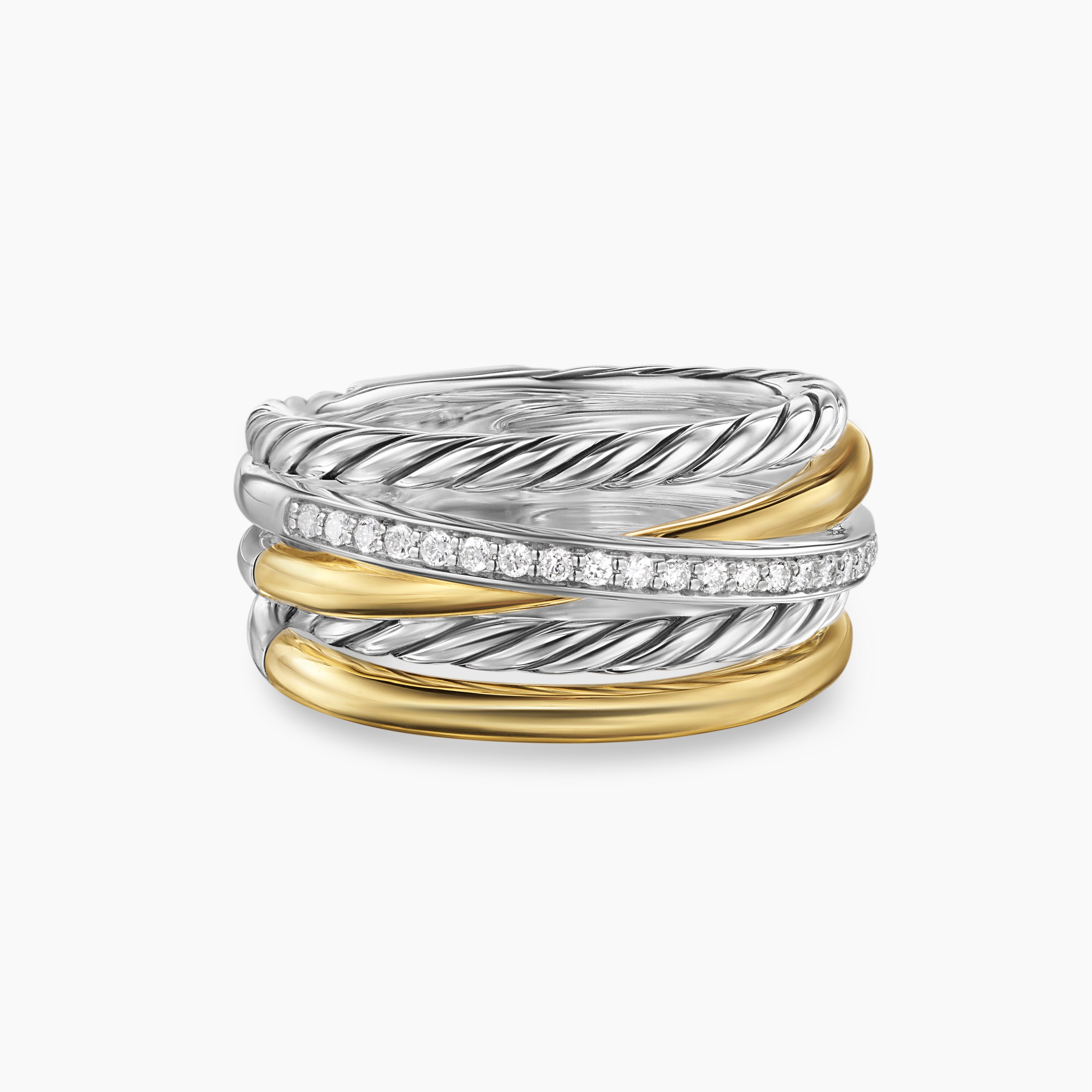 Womens Crossover Five Row Ring in Sterling Silver with 18K Yellow Gold and Diamonds, 11mm