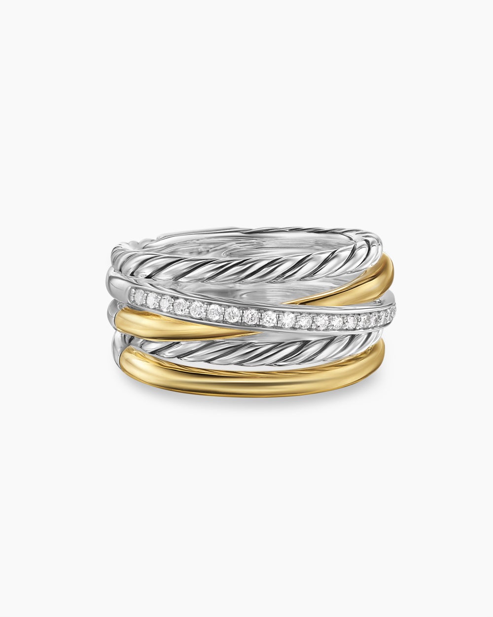 Womens Crossover Five Row Ring in Sterling Silver with 18ct Yellow Gold and Diamonds, 11mm