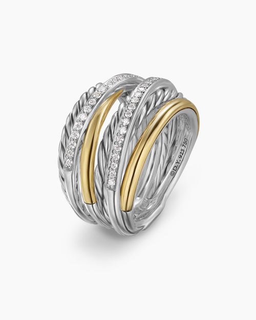 Womens Crossover Seven Row Ring in Sterling Silver with 18K Yellow Gold and Diamonds, 16mm