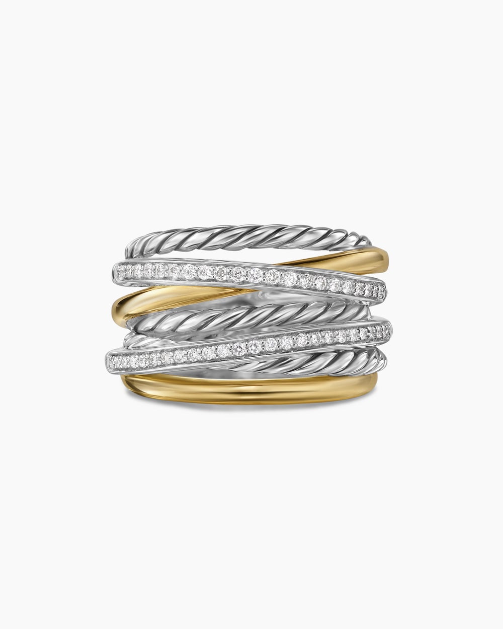 Womens Crossover Seven Row Ring in Sterling Silver with 18ct Yellow Gold and Diamonds, 16mm
