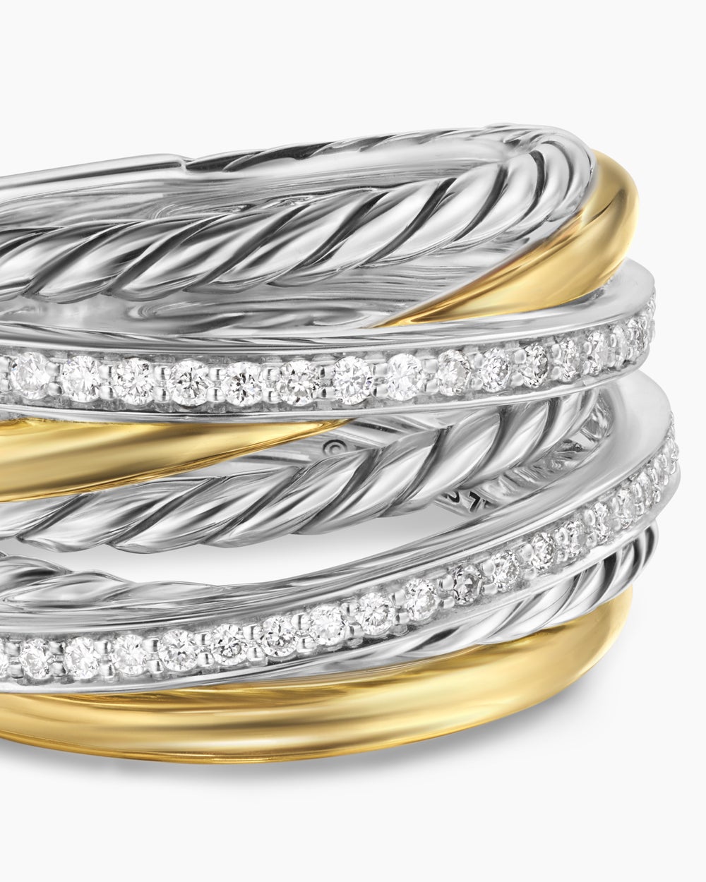 Womens Crossover Seven Row Ring in Sterling Silver with 18ct Yellow Gold and Diamonds, 16mm
