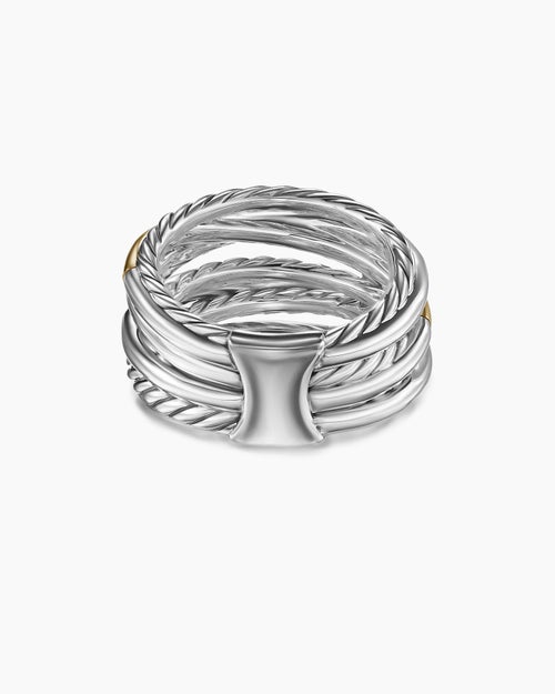Womens Crossover Seven Row Ring in Sterling Silver with 18K Yellow Gold and Diamonds, 16mm