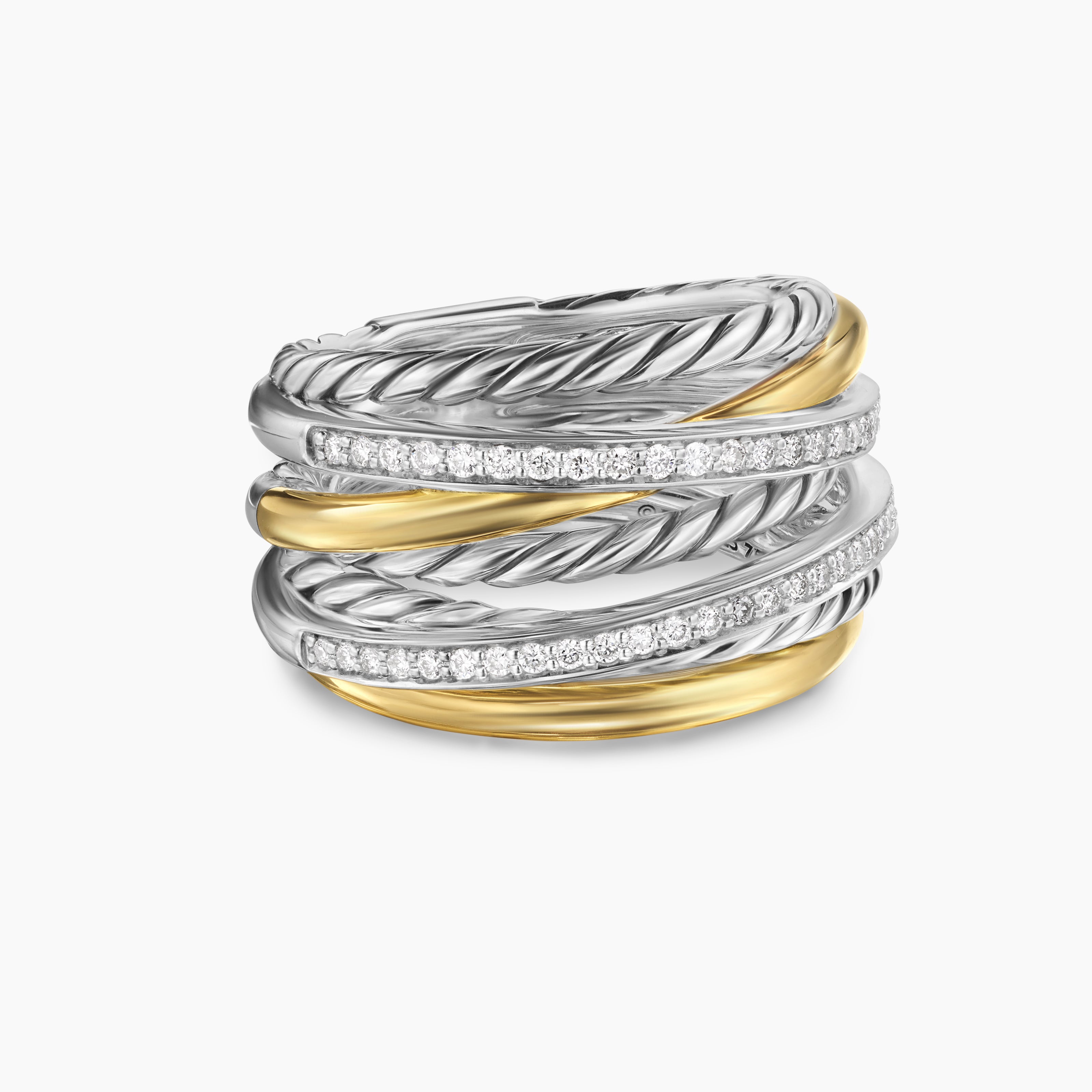 Womens Crossover Seven Row Ring in Sterling Silver with 18K Yellow Gold and Diamonds, 16mm