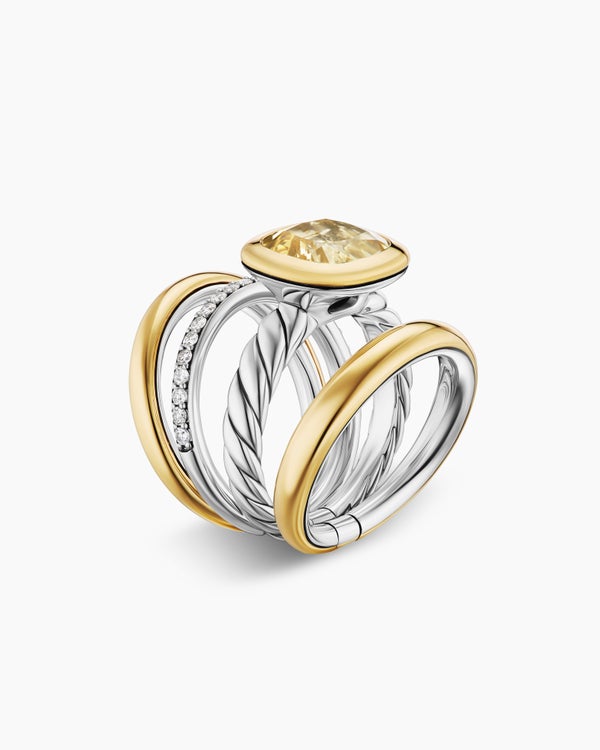 DY Mercer® Four Row Stone Ring in Sterling Silver with 18K Yellow Gold, Champagne Citrine and Diamonds, 14mm