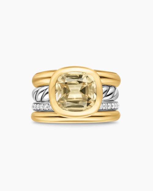 Womens DY Mercer® Color Four Row Stone Ring in Sterling Silver with 18K Yellow Gold, Champagne Citrine and Diamonds, 14mm
