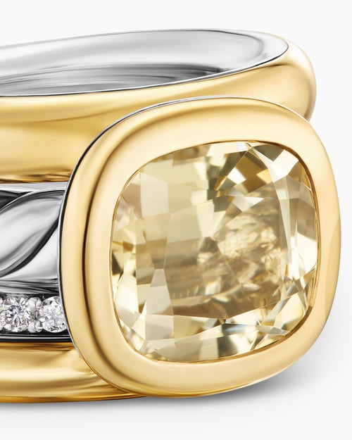 Womens DY Mercer® Color Four Row Stone Ring in Sterling Silver with 18K Yellow Gold, Champagne Citrine and Diamonds, 14mm