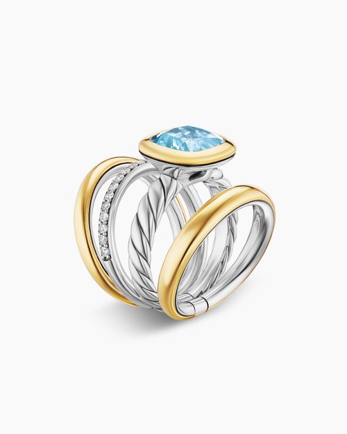 Womens DY Mercer® Color Four Row Stone Ring in Sterling Silver with 18K Yellow Gold, Sky Blue Topaz and Diamonds, 14mm