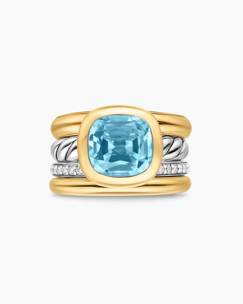 Womens DY Mercer® Color Four Row Stone Ring in Sterling Silver with 18K Yellow Gold, Sky Blue Topaz and Diamonds, 14mm