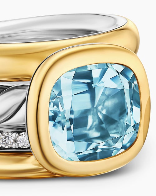 Womens DY Mercer® Color Four Row Stone Ring in Sterling Silver with 18K Yellow Gold, Sky Blue Topaz and Diamonds, 14mm