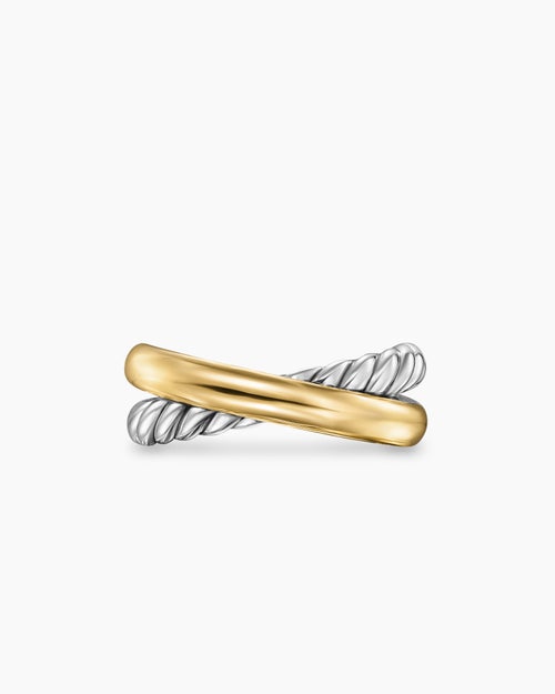 Womens Crossover Two Row Ring in Sterling Silver with 14ct Yellow Gold, 7.4mm