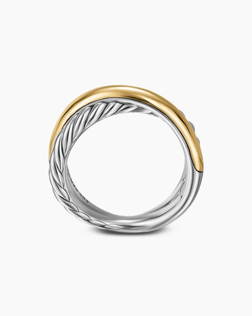 Womens Crossover Two Row Ring in Sterling Silver with 14K Yellow Gold, 7.4mm