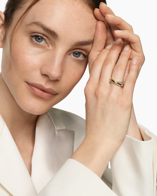 Womens Crossover Two Row Ring in Sterling Silver with 14ct Yellow Gold, 7.4mm