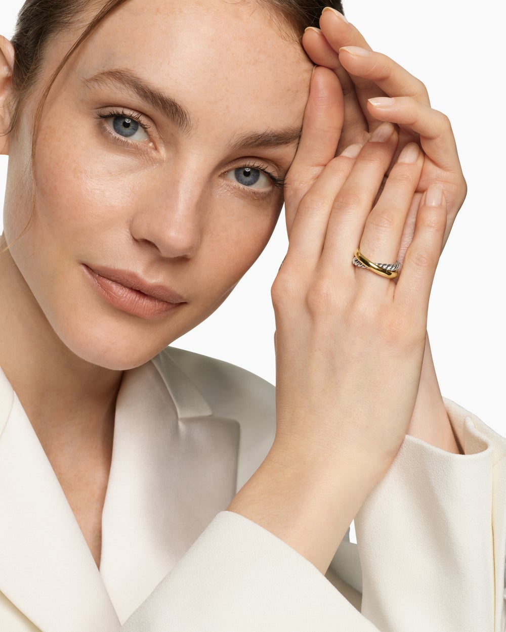 Womens Crossover Two Row Ring in Sterling Silver with 14ct Yellow Gold, 7.4mm