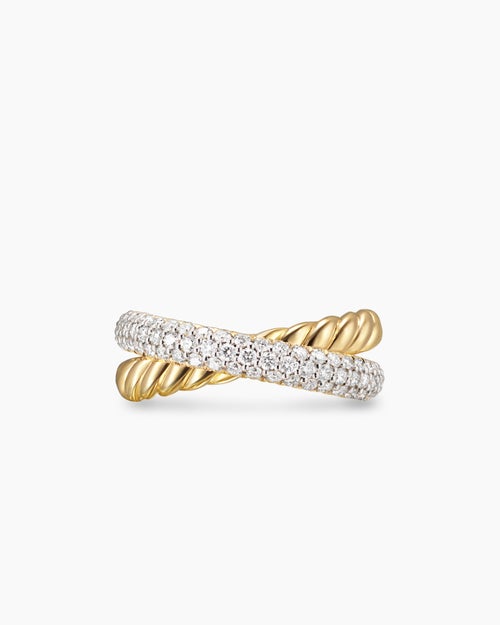 Womens Crossover Two Row Ring in 18K Yellow Gold with Diamonds, 7.4mm