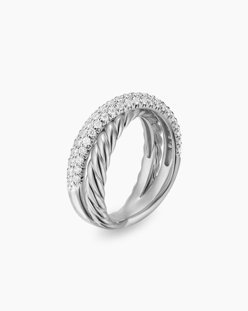 Womens Crossover Two Row Ring in Sterling Silver with Diamonds, 7.4mm
