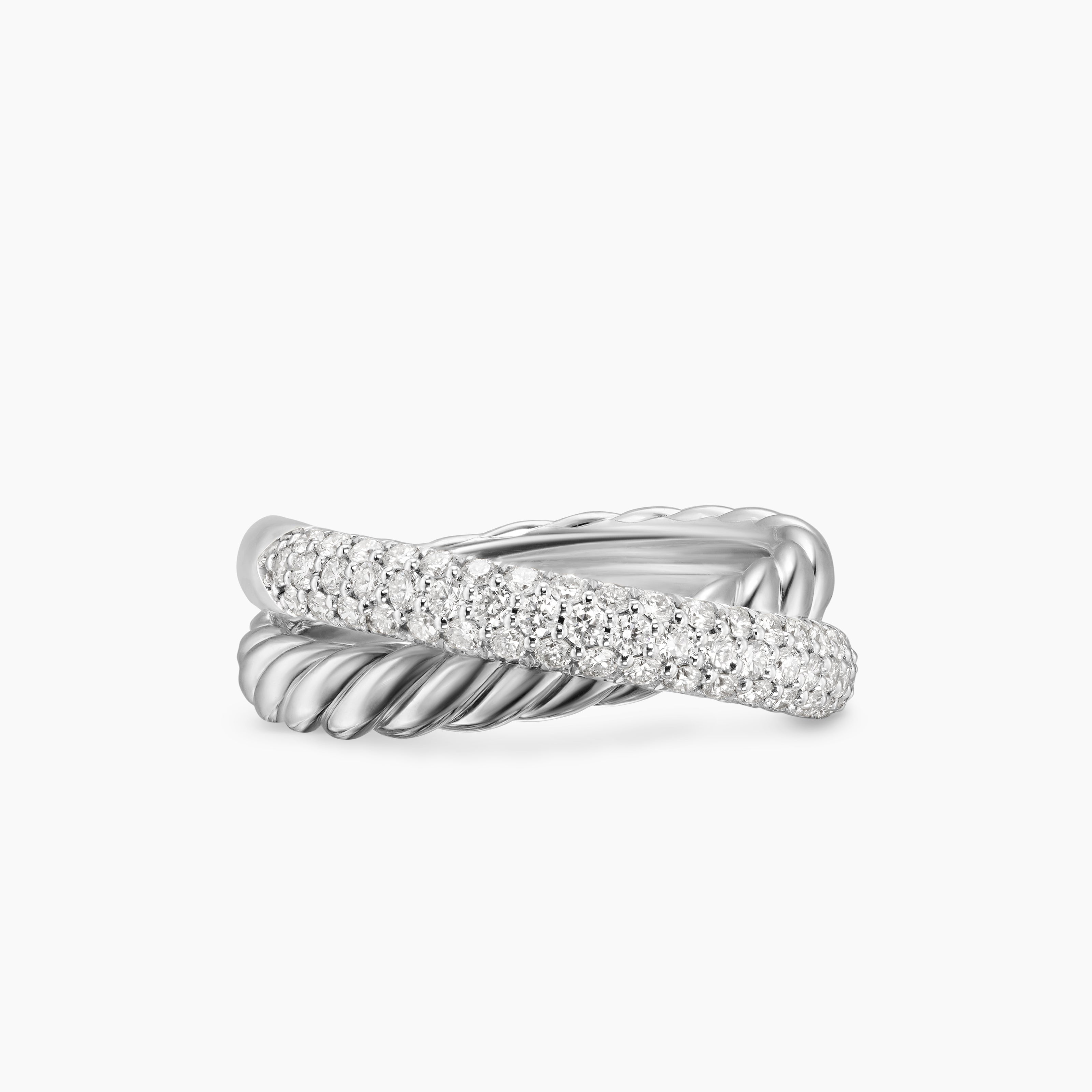 Womens Crossover Two Row Ring in Sterling Silver with Diamonds, 7.4mm