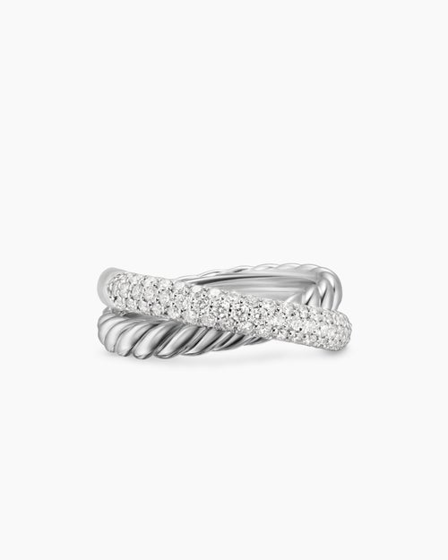 Womens Crossover Two Row Ring in Sterling Silver with Diamonds, 7.4mm
