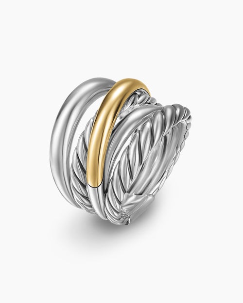 Womens Crossover Five Row Ring in Sterling Silver with 14ct Yellow Gold, 17.5mm