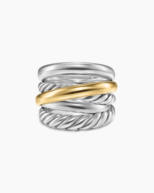 Womens Crossover Five Row Ring in Sterling Silver with 14K Yellow Gold, 17.5mm