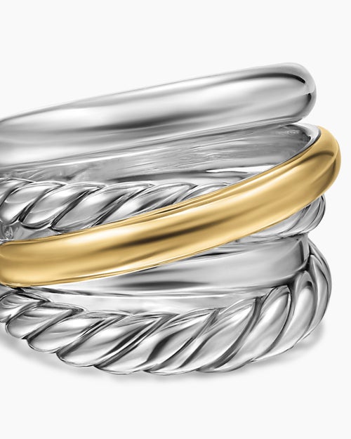 Womens Crossover Five Row Ring in Sterling Silver with 14ct Yellow Gold, 17.5mm