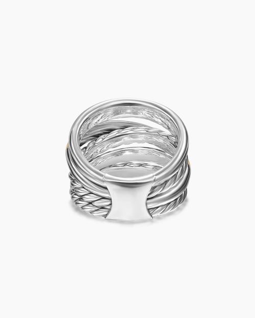 Womens Crossover Five Row Ring in Sterling Silver with 14K Yellow Gold, 17.5mm