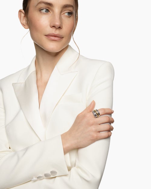 Womens Crossover Five Row Ring in Sterling Silver with 14K Yellow Gold, 17.5mm