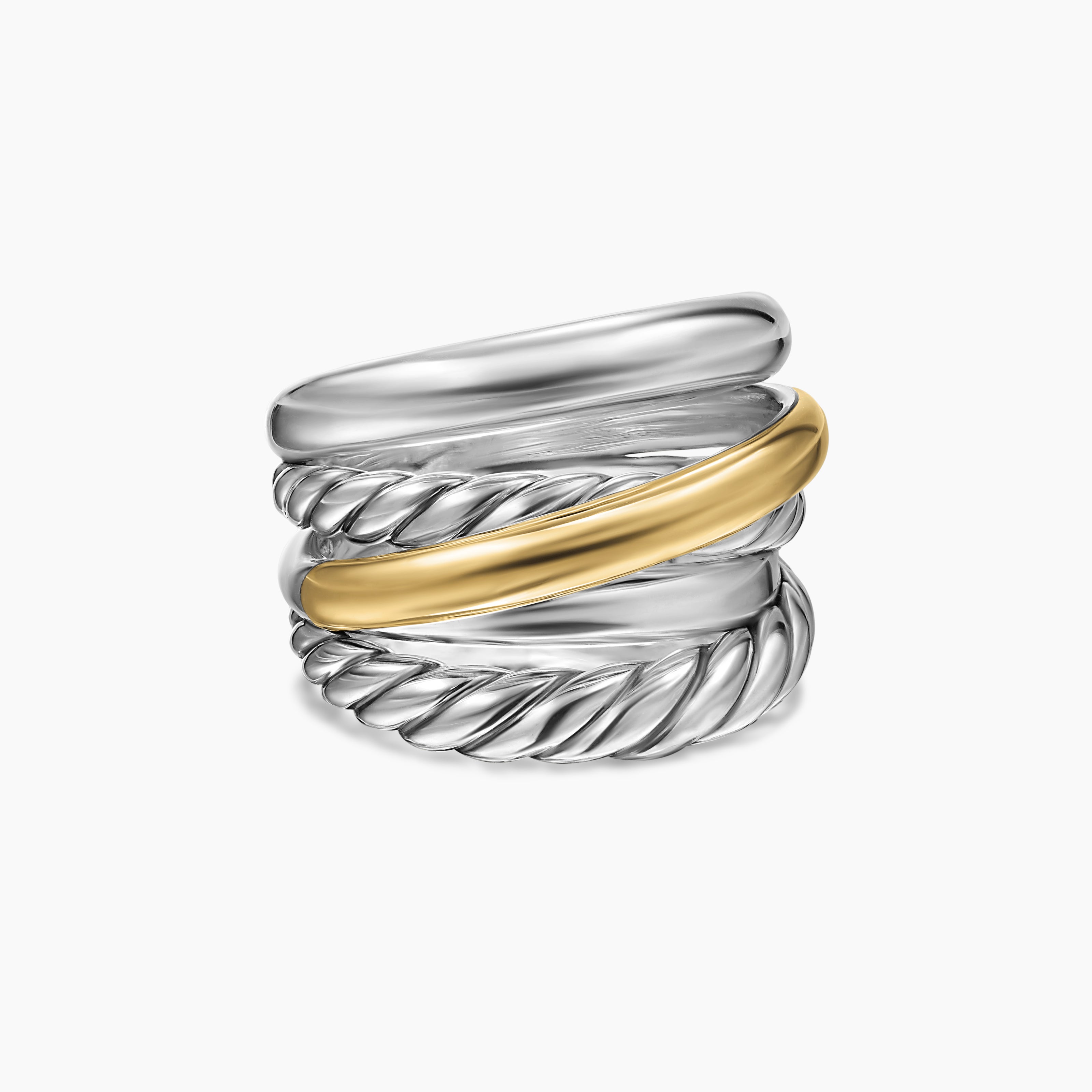 Womens Crossover Five Row Ring in Sterling Silver with 14K Yellow Gold, 17.5mm