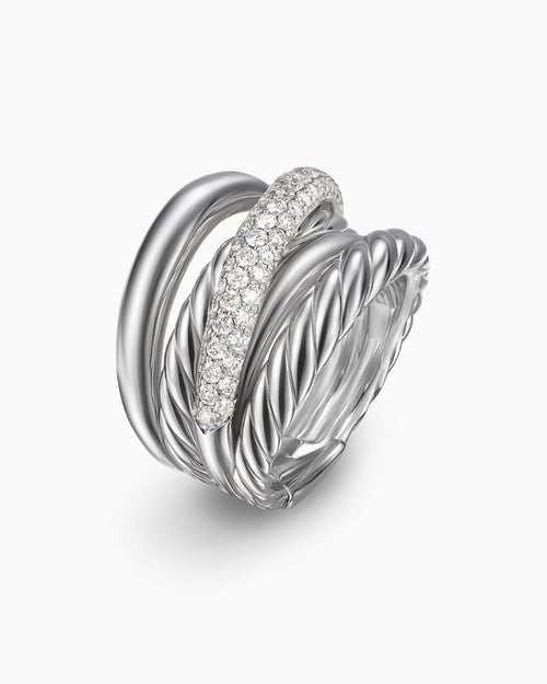 Womens Crossover Five Row Ring in Sterling Silver with Diamonds, 17.5mm