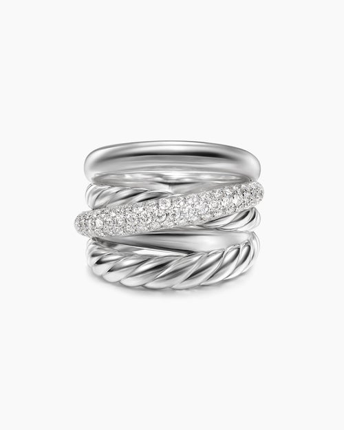 Womens Crossover Five Row Ring in Sterling Silver with Diamonds, 17.5mm