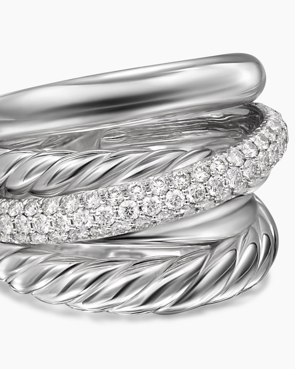 Womens Crossover Five Row Ring in Sterling Silver with Diamonds, 17.5mm
