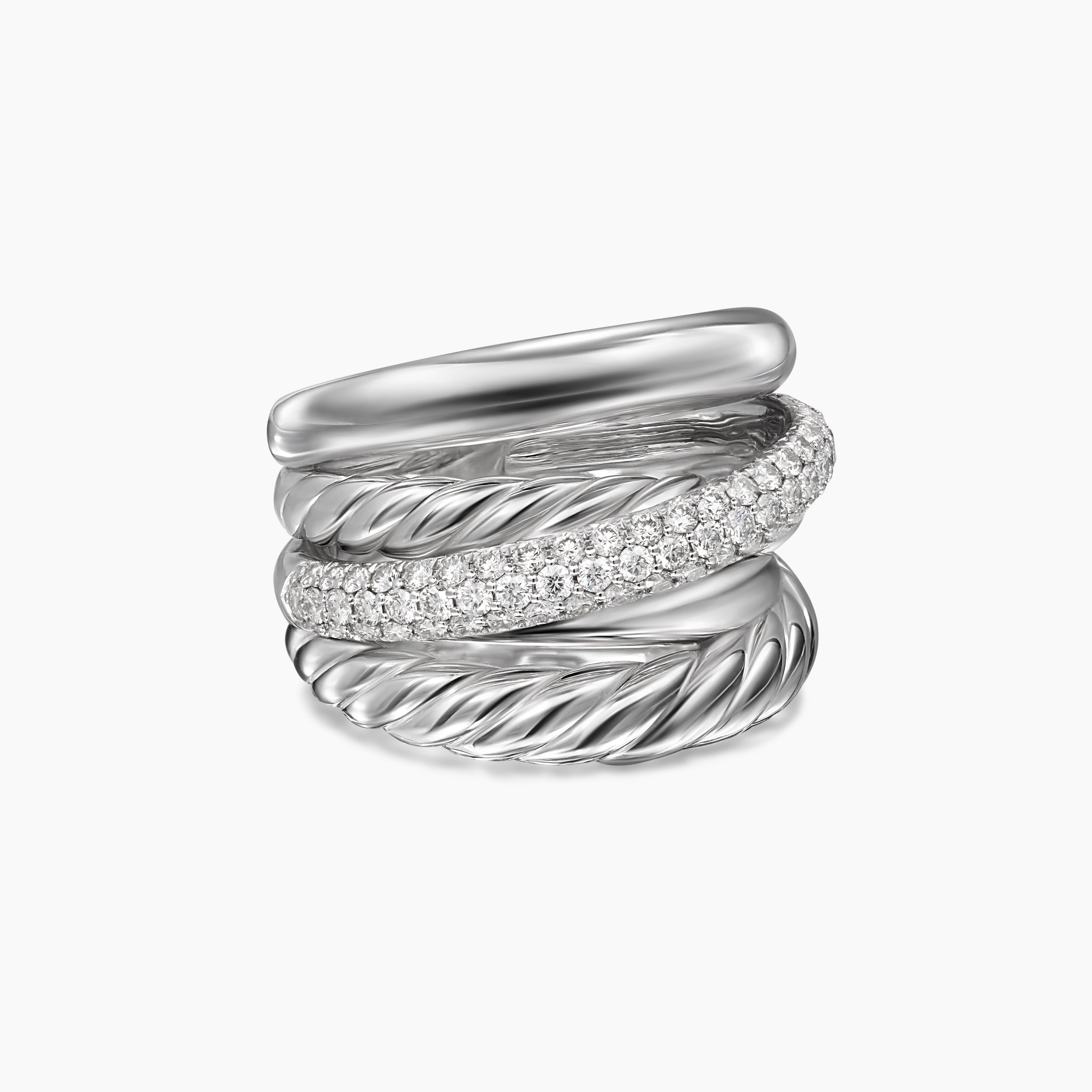 Womens Crossover Five Row Ring in Sterling Silver with Diamonds, 17.5mm