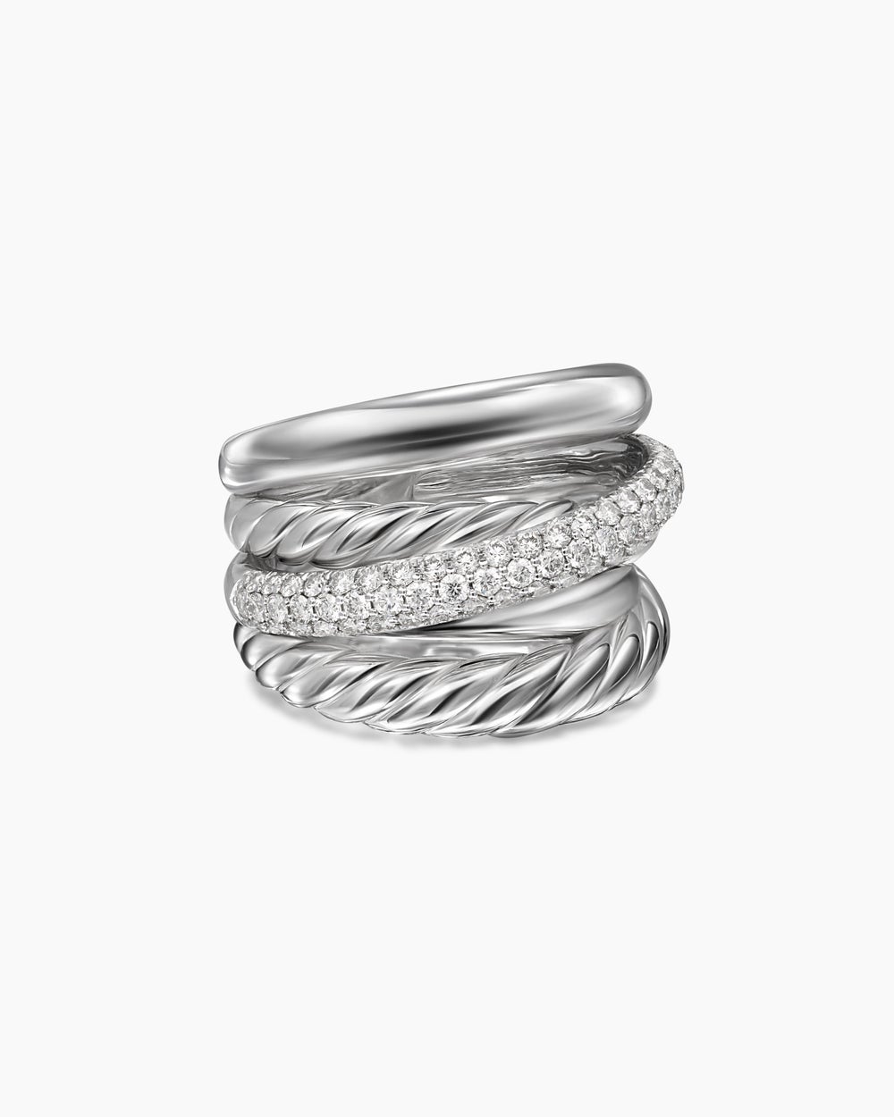 Womens Crossover Five Row Ring in Sterling Silver with Diamonds, 17.5mm