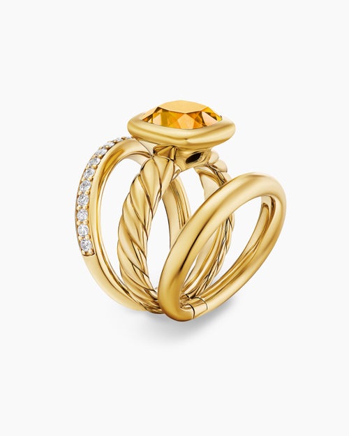 Womens DY Mercer® Color Three Row Stone Ring in 18K Yellow Gold with Citrine and Diamonds, 12mm