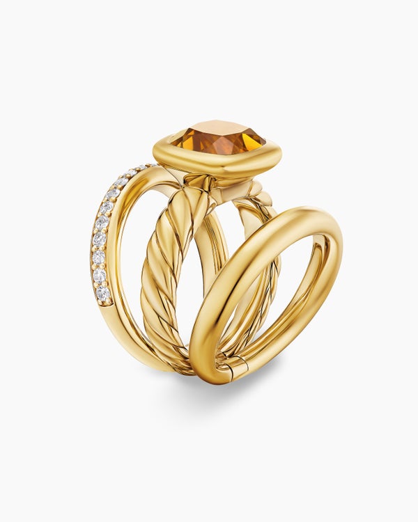 DY Mercer® Three Row Stone Ring in 18K Yellow Gold with Citrine and Diamonds, 12mm