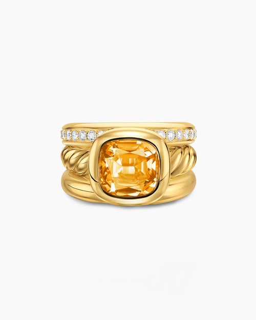 Womens DY Mercer® Color Three Row Stone Ring in 18K Yellow Gold with Citrine and Diamonds, 12mm