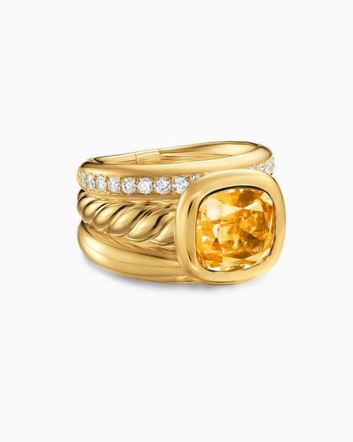 Womens DY Mercer® Color Three Row Stone Ring in 18K Yellow Gold with Citrine and Diamonds, 12mm